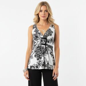 Cache Floral Print Black & White Sleeveless Top L